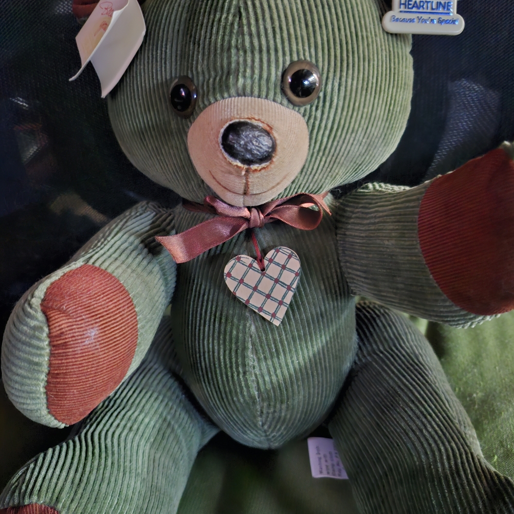 1985 Vintage Green Corduroy Teddy Bear with Heartline Tag